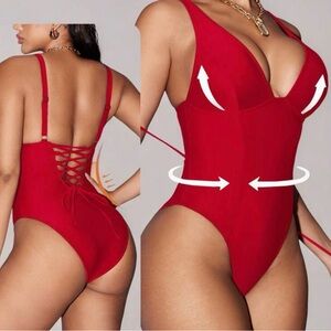 Red One-Piece Lace-Back Swimsuit - Supportive Shaping